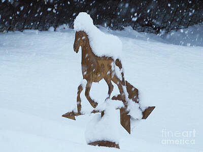 Animals Royalty Free Images - Weathervane Horse Running in a Snow Storm Royalty-Free Image by Karen Conger