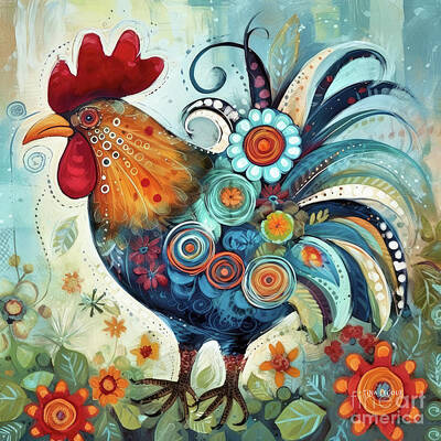Birds Mixed Media - Whimsical Country Rooster by Tina LeCour