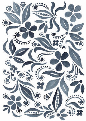 Abstract Flowers Rights Managed Images - Whimsical Floral Pattern With Flowers And Leaves Indigo Blue Watercolor Royalty-Free Image by Irina Sztukowski