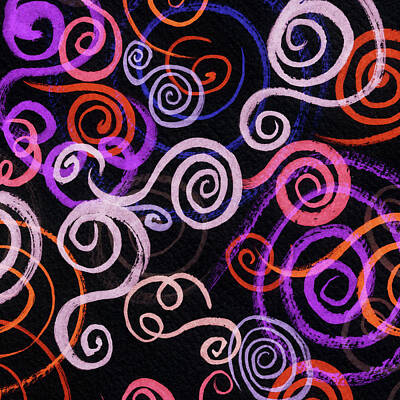 Keith Richards - Whimsical Organic Lines Curves And Pink Purple On Black Watercolor Pattern I by Irina Sztukowski