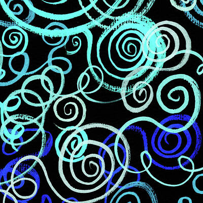 World Forgotten Rights Managed Images - Whimsical Organic Lines Curves Neon Blue On Black Watercolor Pattern IV Royalty-Free Image by Irina Sztukowski