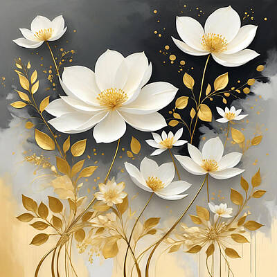 Abstract Flowers Digital Art - White and gold flowers by Manjik Pictures