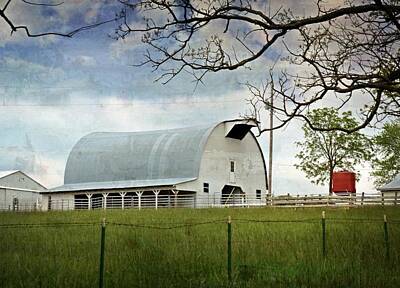 Red Roses - White Barn In The Country by Marty Koch