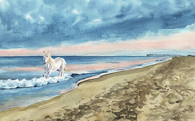 Animals Paintings - White Horse on the Pink Beach by Taphath Foose