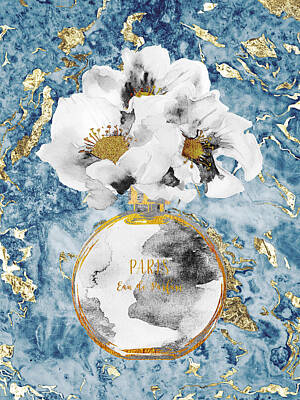 Best Sellers - Roses Digital Art - White roses perfume bottle on blue marble by Mihaela Pater