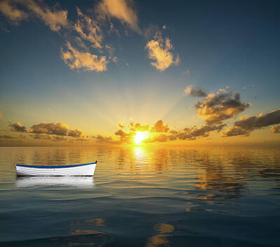 Abstract Animalia - White rowing boat adrift on ocean by Steven Heap