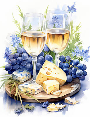 Wine Digital Art - White wine blue cheese flowers grapes by EML CircusValley