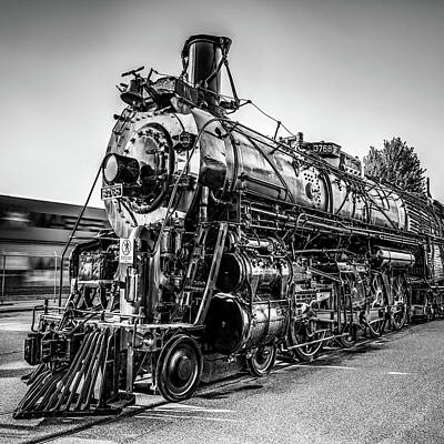 Transportation Photos - Wichita Kansas Train Station Locomotive in Black and White by Gregory Ballos