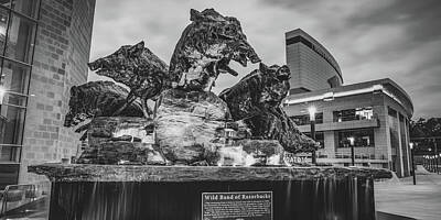 Football Photos - Wild Band of Razorbacks Fountain and Donald W Reynolds Stadium BW Panorama by Gregory Ballos
