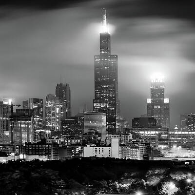 Skylines Royalty Free Images - Windy City Skyline in Black and White - Chicago Illinois 1x1 Royalty-Free Image by Gregory Ballos