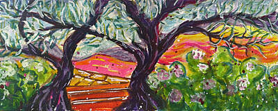 Wine Paintings - Windy Trees in Wine Country by Roxy Rich