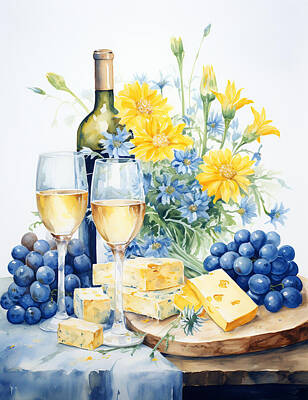 Wine Digital Art - Wine blue table cloth white wine cheese blue grapes by Eml