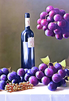 Wine Digital Art Royalty Free Images - Wine Bottle and Grapes  Royalty-Free Image by Elaine Manley