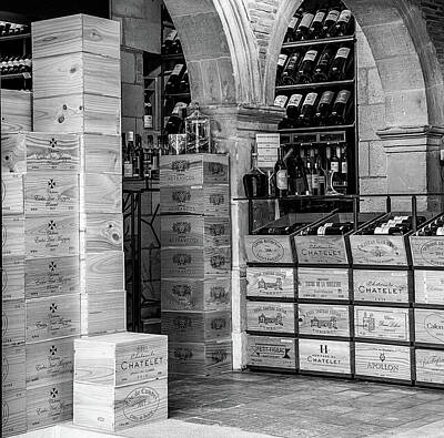 Wine Photos - Wine Crates in a Bordeaux Wine Shop - Mono by Georgia Clare