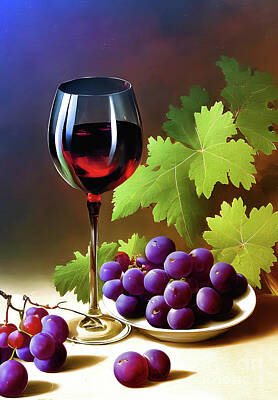 Wine Digital Art Royalty Free Images - Wine Glass and Grapes  Royalty-Free Image by Elaine Manley
