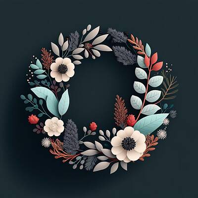 Floral Digital Art - Winter Holiday Floral Wreath 26 - Natural Foliage and Flowers  - Colorful Papercraft Christmas Decor by Jensen Art Co