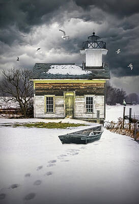 Randall Nyhof Royalty-Free and Rights-Managed Images - Winter Landscape Of Old Lighthouse by Kalamazoo River by Randall Nyhof