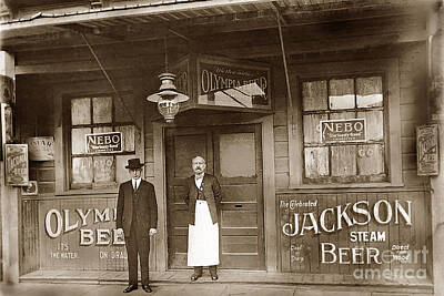 Beer Photos - With bartender in front of doorJacksons Steam Beer  Olympia its the water 1915 by Monterey County Historical Society