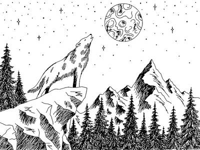 Animals Drawings - Wolf howling at the moon mountain forest graphic black white landscape sketch by Julien