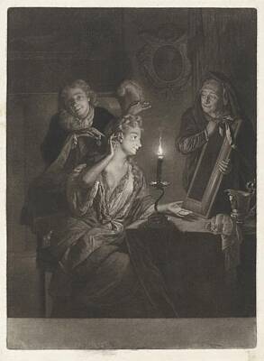 Black And White Line Drawings - Woman in front of a mirror by candlelight Nicolaas Verkolje after Godfried Schalcken 1683  1746 by Artistic Rifki