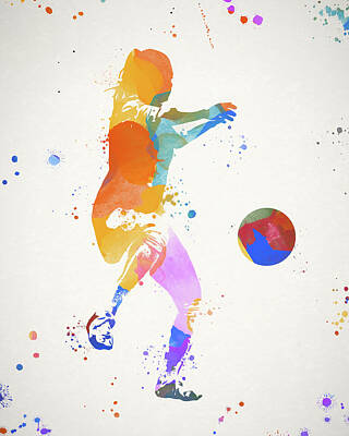 Football Painting Royalty Free Images - Woman Playing Soccer Color Splash Royalty-Free Image by Dan Sproul