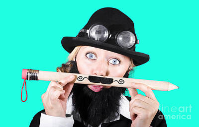 Royalty-Free and Rights-Managed Images - Woman With Fake Beard Holding A Pencil Having Mustache by Jorgo Photography
