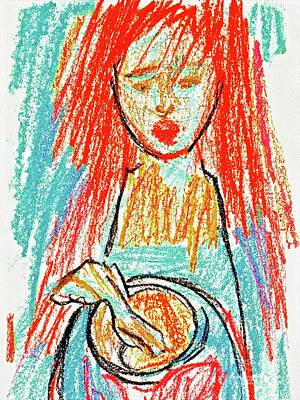 Food And Beverage Drawings - Woman With Food by Bill Owen