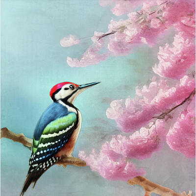 Animals Mixed Media - Woodpecker Perched On A Blossomed Cherry Tree  by Antonia Surich