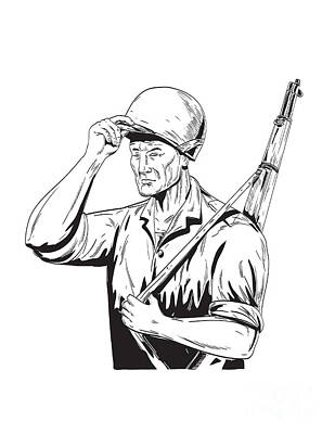 Comics Rights Managed Images - World War Two American Gi Soldier Tipping Helmet Side View Comics Style Drawing  Royalty-Free Image by Aloysius Patrimonio