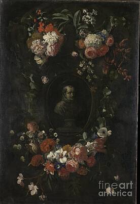 Scott Listfield Astronauts - Wreath of Flowers encircling a Portrait of Hieronymus van Weert, Martyr of Gorkum, Wouter Gysaerts  by Shop Ability