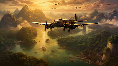 Surrealism Paintings - WWII  military  plane  aerial  fight  attack  US  by Asar Studios by Celestial Images