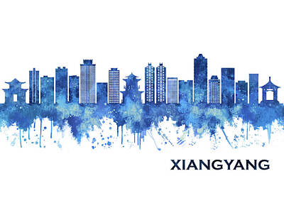 Abstract Skyline Mixed Media - Xiangyang China Skyline Blue by NextWay Art