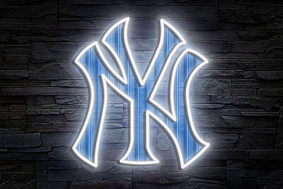 Baseball Photos - Yankees Neon On Brick by Ricky Barnard
