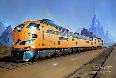 Science Fiction Digital Art - Yellow Diesel Locomotive Leaving a City in Evermore by Wernher Krutein