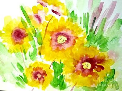 Roses Paintings - Yellow Flowers in my Garden by Rose Elaine