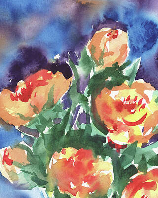 Abstract Flowers Paintings - Yellow Orange Abstract Watercolor Rose Garden by Irina Sztukowski