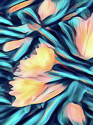Best Sellers - Abstract Flowers Digital Art Royalty Free Images - Yellow Peach Flowers on Blue Royalty-Free Image by Jan Garcia