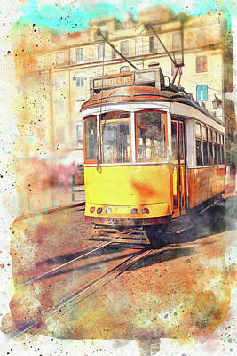 Seamstress - Yellow Trams of Lisboa Portugal Watercolor by Carol Japp