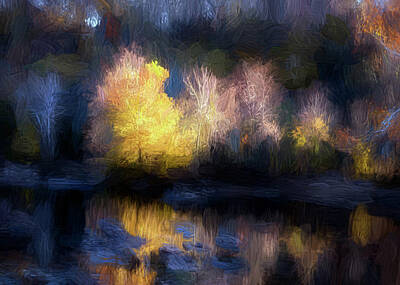 Abstract Landscape Digital Art - Yellow Tree Autumn Reflection by Francis Sullivan