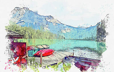 Abstract Skyline Paintings - Yoho National Park Canada, watercolor, by Ahmet Asar by Celestial Images