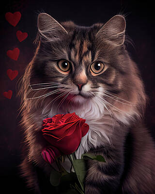 Lilies Digital Art - You Are My Valentine - Cat with The Rose by Lily Malor