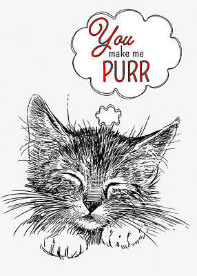 Animal Paintings James Johnson - You Make Me Purr Valentines Cat Sketch with Red by Doreen Erhardt