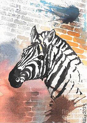 Lilies Paintings - Zebra on a Brick Wall by Allie Lily