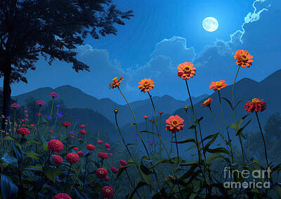 Winter Animals Royalty Free Images - Zinnia Zenith Moonlit Midnight Zinnia flowers at the peak of their bloom in a vibrant zenith under the moonlight during the midnight hour Royalty-Free Image by Eldre Delvie