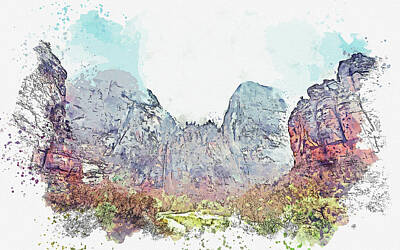 Abstract Skyline Rights Managed Images - Zion National Park Waterfall, watercolor, by Ahmet Asar Royalty-Free Image by Celestial Images