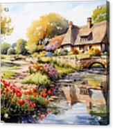4d Watercolour Sketch Of A Thatched Cotswolds By Asar Studios #1 Acrylic Print