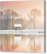 Cabin By The Lake In Winter Canvas Print