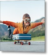 Young Boy Ready To Travel With Suitcase Metal Print
