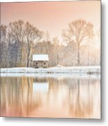 Cabin By The Lake In Winter Metal Print
