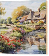 4d Watercolour Sketch Of A Thatched Cotswolds By Asar Studios #1 Wood Print